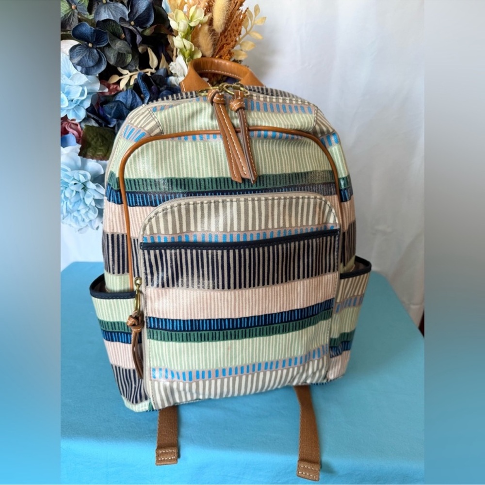 Fossil Elina Striped Coated Canvas Backpack, with Leather Trim Retail $275